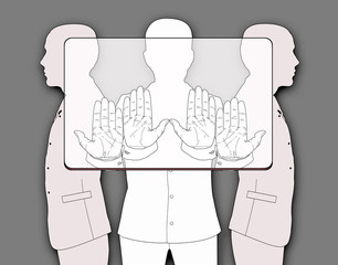 Bank card holdersб Three silhouettes of men holding a provisional rectangle, according to the proportions corresponding to the bank plastic card. Linear drawing on a grey background