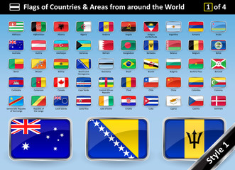 Detailed Flags of Countries and Areas from around the World - Country Flag SET 1 OF 4. STYLE 1 is glossy with a metallic curved frame. Alphabetical order with names. Vector illustration.