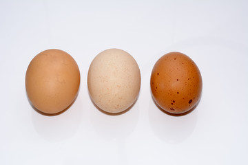 3 Eier in einer Reihe auf weissem Hintergrund