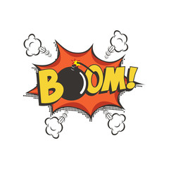 Boom comic text speech bubble with bomb. Vector isolated sound effect puff cloud icon.