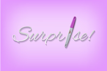 Vector Surprise word with pink positive pregnancy test.