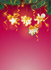 Plakat Vector illustration New year poster with ginger bread, fir branches and golden ribbons.