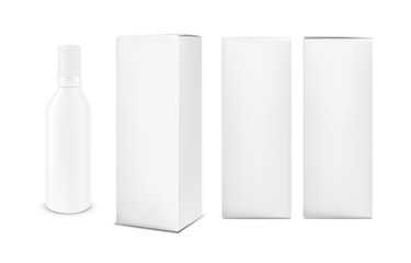 Plastic or metal white bottle with cap. Vertical paper box