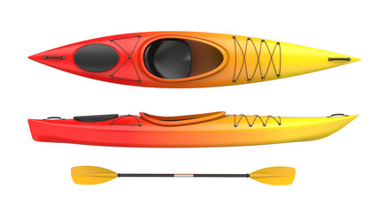 Set of two views plastic kayak yellow-red fire color withe oar. 3D render, isolated on white...