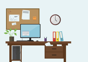 Flat design workplace with desk, computer and office equipment -  vector illustration