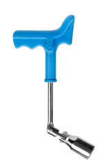 Spark plugs key with blue handle isolated on white background