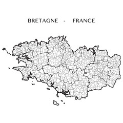 Detailed map of the region of Brittany (Bretagne), France including all the administrative subdivisions (departments, arrondissements, cantons, and municipalities). Vector illustration