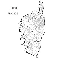 Detailed map of the region of Corsica, France including all the administrative subdivisions (departments, arrondissements, cantons, and municipalities). Vector illustration