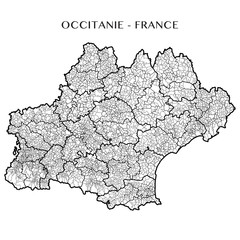 Detailed map of the region of Occitanie, France including all the administrative subdivisions (departments, arrondissements, cantons, and municipalities). Vector illustration