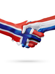 Flags Norway, Netherlands countries, partnership friendship handshake concept.