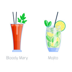 Set of alcoholic cocktails isolated fruit cold drinks tropical cosmopolitan freshness and party alcohol sweet tequila vector illustration.