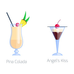 Set of alcoholic cocktails isolated fruit cold drinks tropical pina colada freshness and party alcohol sweet tequila vector illustration.