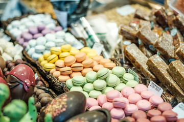 Macaroons on market stall