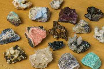 Mineral and gemstones on wooden board