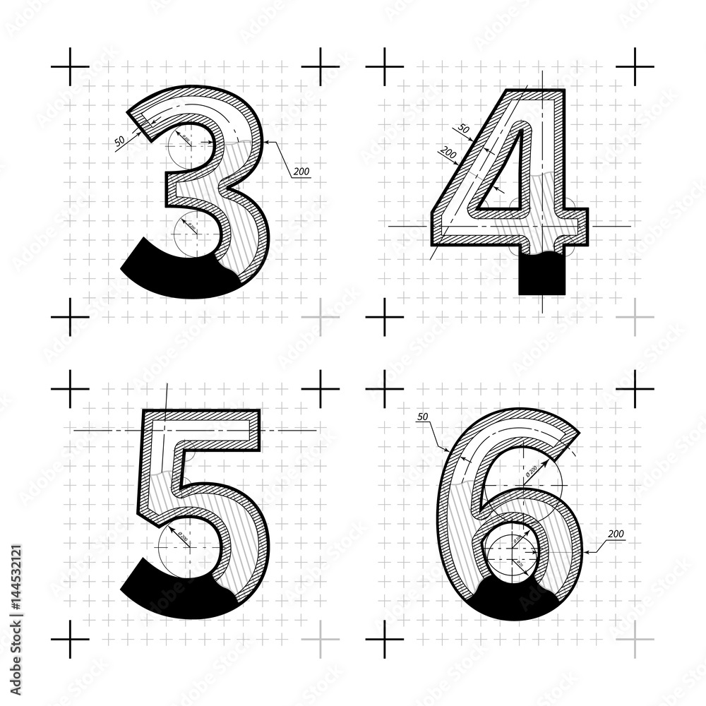 Fototapete architectural sketches of 3 4 5 6 letters. blueprint style font.