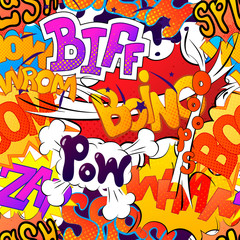 Bright multi colored comic sound effects, seamless pattern