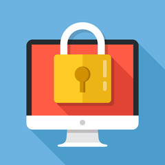 Desktop computer and lock on screen. Computer security, password, privacy, confidential information protection concepts. Premium quality. Modern flat design graphic elements. Vector illustration