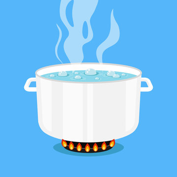 Boiling water in pan. White cooking pot on stove with water and steam. Flat design graphic elements. Vector illustration