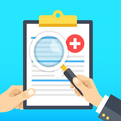 Hand holding medical clipboard and hand holding magnifying glass. Clipboard with medical records. Patient case study, analysis, clinical data, diagnostics concepts. Flat design vector illustration - obrazy, fototapety, plakaty