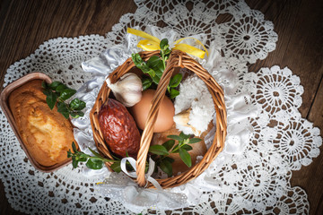 Traditional Easter basket with food.