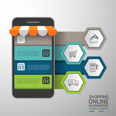 Infographics Shopping online business conceptual with mobile flat style. Vector illustration. Can be used for workflow layout template, banner, diagram, number options, web design, infographics