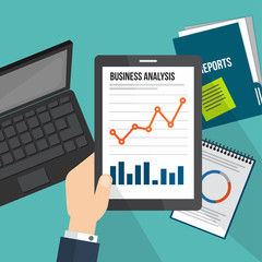 business concept infographic with tablet showing data analytics flat line design concept.