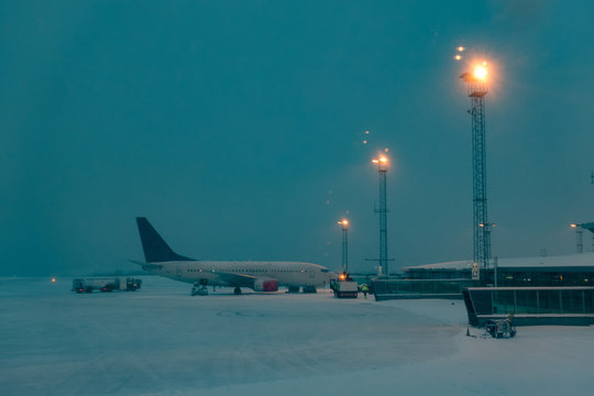 Takeoff Field Airport At Snow  Night