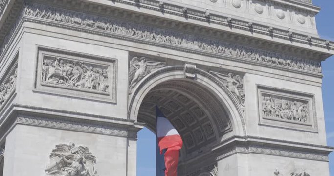 French flag under Arc de Triomphe, Paris, France Close-Up Panoramic (4K / Log / Flat Colours)