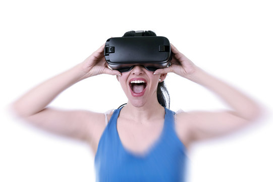 attractive happy woman excited using 3d goggles watching 360 virtual reality vision enjoying cyber fun
