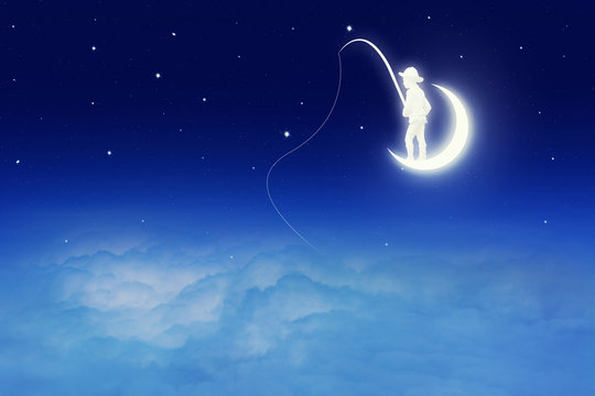 Conceptual image of a boy catching fish on moon