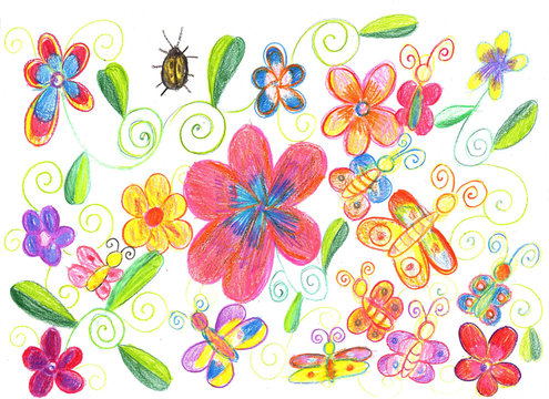 Child's drawing butterfly, ladybug and flowers
