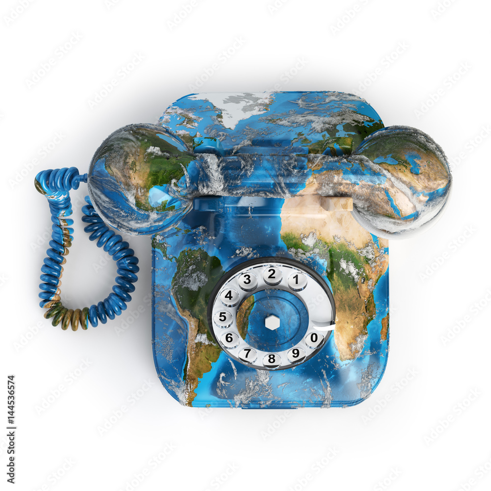 Aufkleber Global communication concept. Telephone with erth texture isolated on white, Elements of this image furnished by NASA