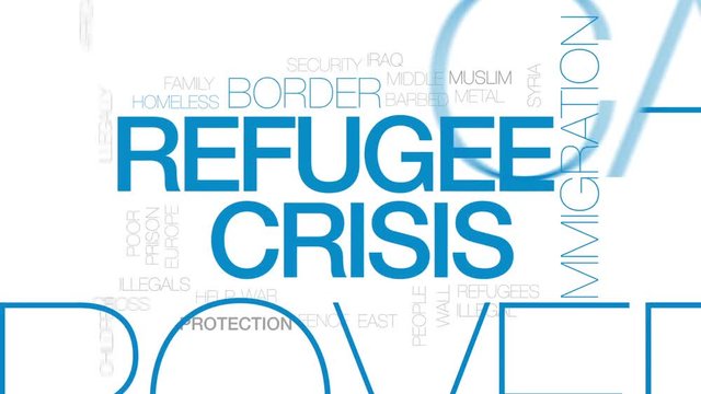 Refugee crisis animated word cloud, text design animation. Kinetic typography.