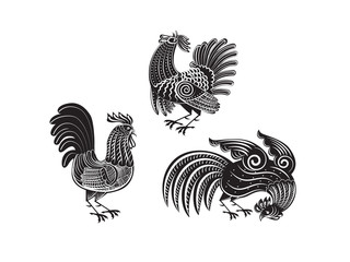 Vector illustration rooster pattern in folk style.