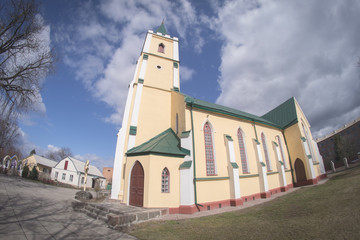 Ukrainian church on a sunny spring day at a fisheye.