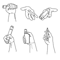 Set of hands holding vape devices and cigarette.