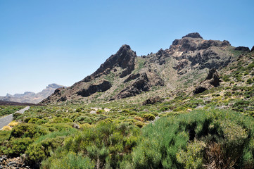 Fototapeta na wymiar Mountain road to volcano Teide among rocky mountains on Tenerife island.