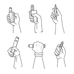 Set of hands holding vape devices.