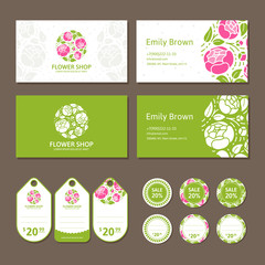 Corporate identity for a flower shop. Logo, business card and price tag. Vector illustration in modern style