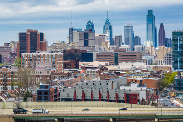 View of the Philadelphia skyline from the Benjamin Franklin Bridge Walkway in Philadelphia, Pennsylvania.