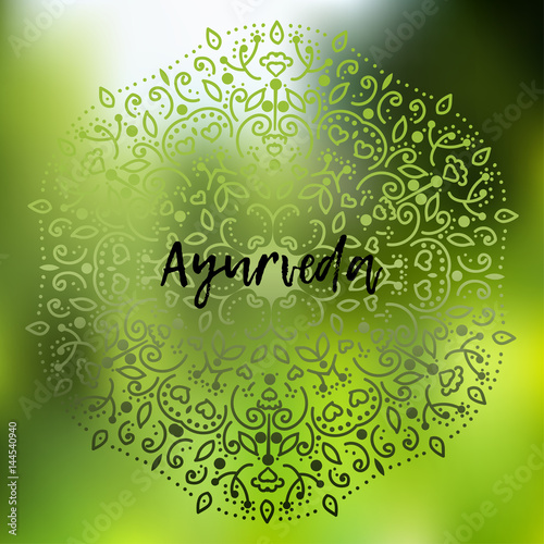 Ayurveda Vector Ilration Poster Background Template With Fl Ayurveda Vector Ilration Poster Background Template With Fl Ornament On A Blurry In Green Tones The Inscription