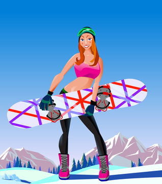 Vector illustration red hair cartoon girl with snowboard on mountain winter landscape background.