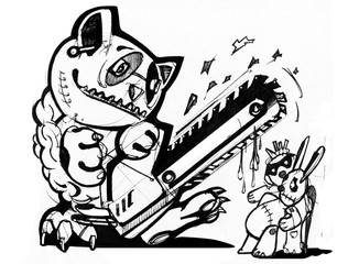 Drawing on paper fictional cartoon characters. Monochrome story of animals. Illustration.