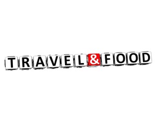 3D Travel and Food block text on white background.