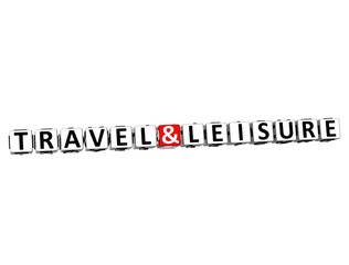 3D Travel and Leisure block text on white background.
