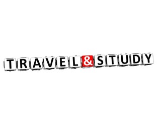 3D Travel and Study block text on white background.