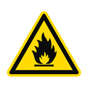 Icon danger fire risk. Fire on yellow triangle isolated on white background. Vector illustration.