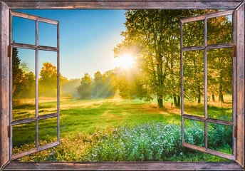 Foto auf Acrylglas Schlafzimmer Sonnenaufgangsblick aus dem Fenster
