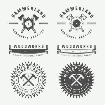 Set of vintage carpentry, woodwork and mechanic labels, badges, emblems and logo. Vector illustration. Monochrome Graphic Art.