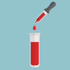 Test tube with blood on a blue background